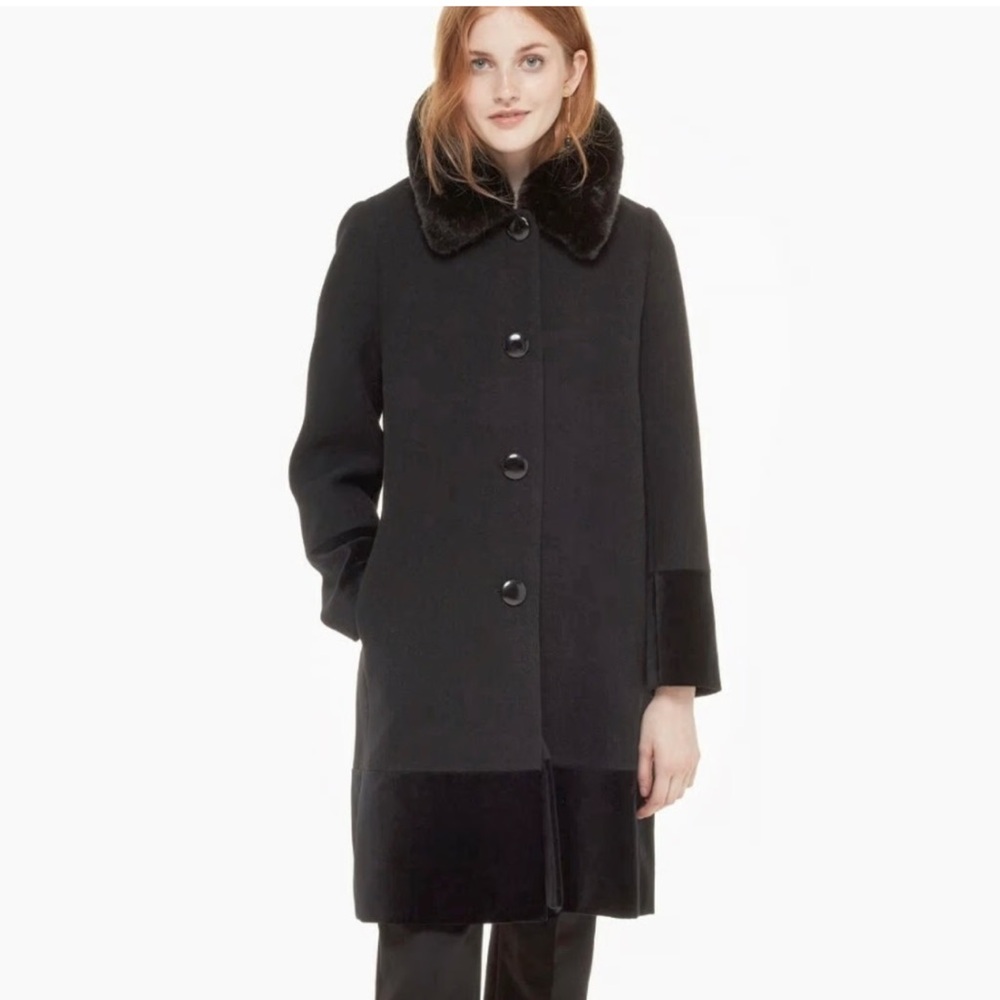 KATE SPADE NY Wool Blend Faux Fur Collar Velvet Trim Coat Black Size 6 New